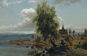 Kirke på fjorden (olje på lerret)