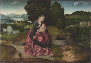 Le repos pendant la fuite en Egypte - The Rest on the Flight into Egypt, av Patinier (Patenier, Patinir), Joachim (ca. 1480-1524). Olje på tre. Mål: 21,5x31 cm. Nationalmuseum Stockholm av Joachim Patinir