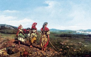 Napolitansk landskap med karakterer. Napolitanske bønder som pløyer en åker på landet. Maleri av Joaquim VAYREDA i VILA (1843–1894) av Joachim Vayreda i Vila