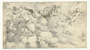 Putti og engel med kartusj av Joachim Wtewael (circle of)