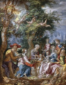 Den hellige familie med hellige og engler av Joachim Wtewael or Utewael