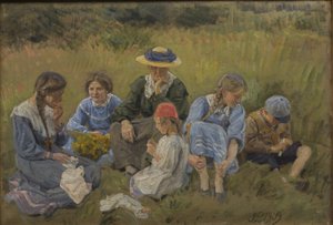 Hvil i enga. Kunstnerens kone og barn av Joakim Frederik Skovgaard