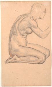 Modellstudie; knelende kvinne i profil m.h.