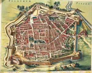 Italia, kart over Pesaro, fra Theatre of the City and the Wonders of Italy av Joan Blaeu, gravering