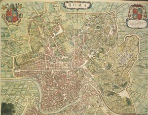 Kart over Roma, gravering fra Theatrum civitatum et admirandorum Italiae av Joan Blaeu, trykt i Italia av Joan Blaeu