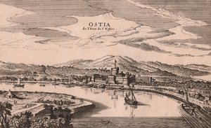 Perspektiv utsikt over Ostia by og havn, Lazio, Italia, kobbergravering, ca 278x173 cm av Joan Blaeu