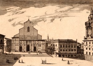 San Petronio-basilikaen på Piazza Maggiore, Bologna, Emilia-Romagna, Italia, kobberstikk, ca 21x29 cm av Joan Blaeu