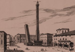 De to tårnene (Asinelli og Garisenda), Bologna, Bologna, Emilia-Romagna, Italia, kobberstikk, ca 21x29 cm av Joan Blaeu