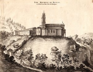 Utsikt over San Michele i Bosco-klosteret, Bologna, Emilia-Romagna, Italia, kobberstikk, ca 21x29 cm av Joan Blaeu
