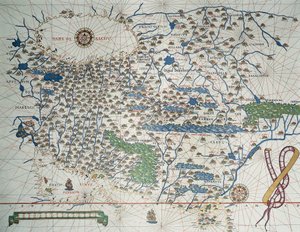 Kart over Asia, inkludert Armenia, Iran, Afghanistan, med vindrose, detaljer om havner, kyster og sjøruter, i Atlas de Joan Martines