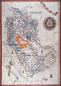 Kart over den arabiske halvøy, med vindrose og detaljer om havner og havkyster, i Atlas de Joan Martines