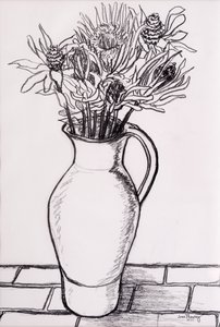 Brun kanne med tørkede blomster, 2000, grafitt av Joan Thewsey