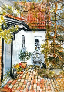 Carolines Cottage - det gamle postkontoret, (gouache) av Joan Thewsey