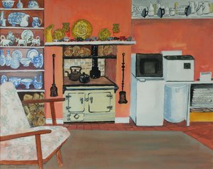 Cottage Kitchen, Red Cottage Studios, Suffolk med Rayburn, 2000, gouache av Joan Thewsey