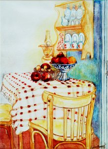 Cottage Kjøkkenbord med epler, 2005,(vannfarge) av Joan Thewsey