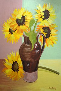 Fem solsikker i en høy brun kanne, 2007 (gouache)