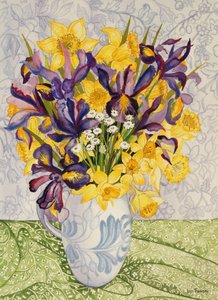 Iris og påskeliljer med mønstrede tekstiler, 2008, akvarell på håndlaget papir av Joan Thewsey