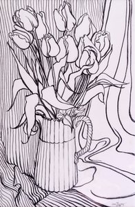 Tulipaner mot en stripete klut,2000,grafitt av Joan Thewsey