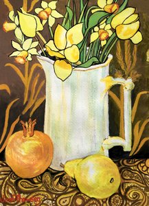 Tulipaner og påskeliljer i en hvit kanne, med tekstiler, granateple og pære (akvarell) av Joan Thewsey