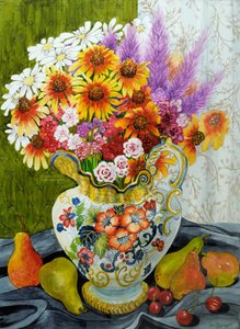 Viktoriansk kanne med blandede blomster, pærer og kirsebær, 2010, gouache