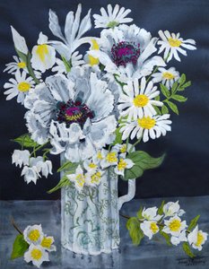 Hvite valmuer, Marguerites og Philadelphus, (gouache) av Joan Thewsey
