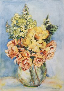 Yellow Roses and Antirrhinums, 2001, (wc på håndlaget papir) av Joan Thewsey