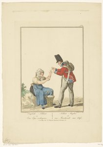 Stående soldat med sittende eggselger English Soldier and One Eyer Saleswoman (tittel på objekt) Uniformer og kostymer (serietittel)