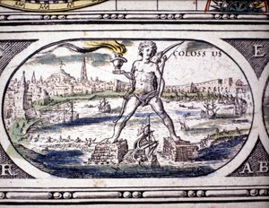 Representasjon av antikkens syv underverker: Kolossen på Rhodos. i Atlas of Jansson Jannsonius trykt i Amsterdam i 1630. Privat samling.