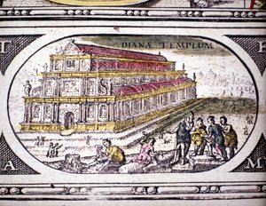 Representasjon av antikkens syv underverker: Diana-tempelet (Artemis) i Efesos. i Atlas of Jansson Jannsonius trykt i Amsterdam i 1630. Privat samling.