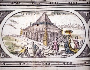 Representasjon av antikkens syv underverk: Mausoleet til Halikarnassus. i Atlas av Jansson Jannsonius trykt i Amsterdam i 1630. Privat samling.