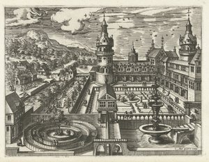 Slott med labyrint og fontene Landskap, sjølandskap og fantasifulle bylandskap (serietittel)