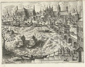 Bybilde med bro og havn Landskap, sjølandskap og fantasifulle bylandskap (serietittel)