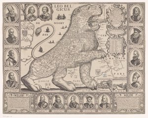 Kart over de sytten provinsene i form av den nederlandske løven Leo Belgicus (tittel på objekt) av Joannes van Doetechum (II)