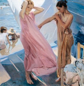 "After the Bath" (After the Bath) to unge jenter skifter etter å ha badet i sjøen Maleri av Joaquin Sorolla y Bastida (1863-1923) - 1909 - Olje på lerret - Museo Sorolla Madrid