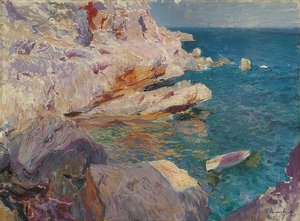 Jávea steiner med hvit båt. 1905 av Joaquín Sorolla