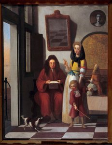 Sjangerscene En familie i et interiør. Moren lar sønnen leke med hunden. Maleri av Job Berckheyde (1630-1696) Avignon fra 1600-tallet, Calvet Museum