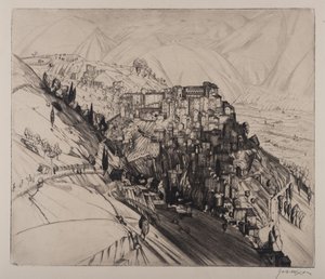 Utsikt over Anticoli Corrado (gravering og tørrpunkt)