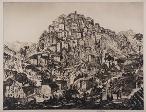 Utsikt over Anticoli Corrado med bondekvinner i forgrunnen (gravering og tørrpunkt)