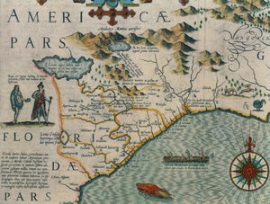 Coast of North Carolina, detalj av kartet med tittelen Virginiae item et Floridae fra Mercator Atlas... av 1606, pub. av Jodocus Hondius, 1619 håndfarget gravering se også 66818, 81957 og 81958