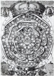 The Union of the Roses of the Families of Lancaster and York, 1589 (plategravering) av Jodocus Hondius