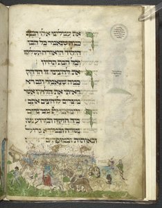 MS Legg til. 14762, f.15r Exodus and Crossing of the Red Sea, fra 'Ashkenazi Haggadah', ca. 1460 (vellum) av Joel ben Simeon Feibusch