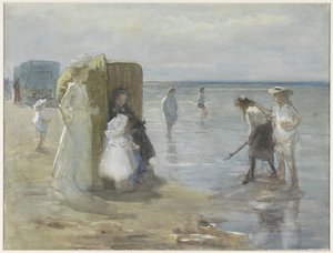 Utsikt langs høyvannslinjen ved Scheveningen-stranden, med to damer og barn