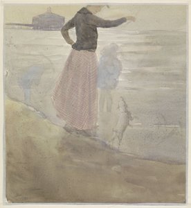 Kvinne med to barn og en hund på stranden