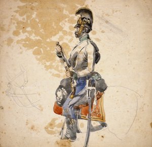 En trooper fra 5th Dragon Regiment vist mens han lader opp hestepistolen sin, 1840-1850 (blyant og vannfarge)