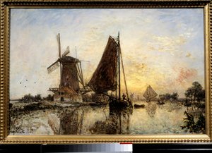 Nederlandsk landskap, båter nær møllen Maleri av Jean Barthold Jongkind (1819-1891) 1868 Søn. 0,52x0,81 m Paris, Musee d