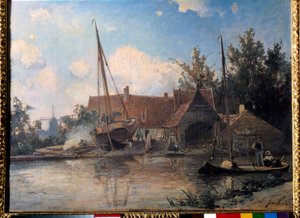 Nederlandsk landskap med en stor båt som tetter maleri av Jean Barthold Jongkind (1819-1891) 1857 Søn. 0,42x0,56 m av Johan Barthold Jongkind
