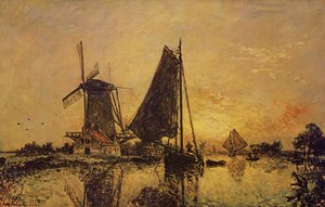 I Holland, båter nær en vindmølle, 1868 av Johan Barthold Jongkind