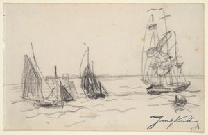 Små seilbåter og en tre-master av Johan Barthold Jongkind