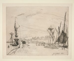 Utsikt fra havnen til jernbanen? Honfleur (Utsikt over havnen fra jernbanen ved Honfleur) av Johan Barthold Jongkind