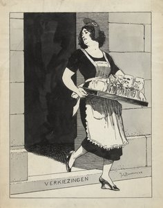 Design for illustrasjon i De Amsterdammer: Den nederlandske jomfru som en hushjelp med et glassbrett snubler over valgtrinnet (17. mai 1924)